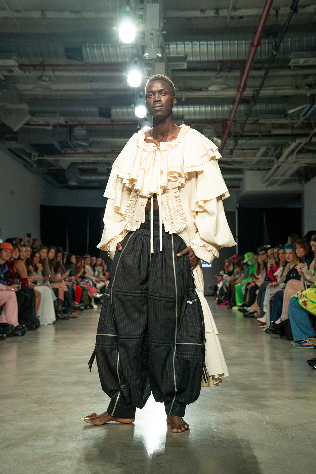 Power shoulder frill coat